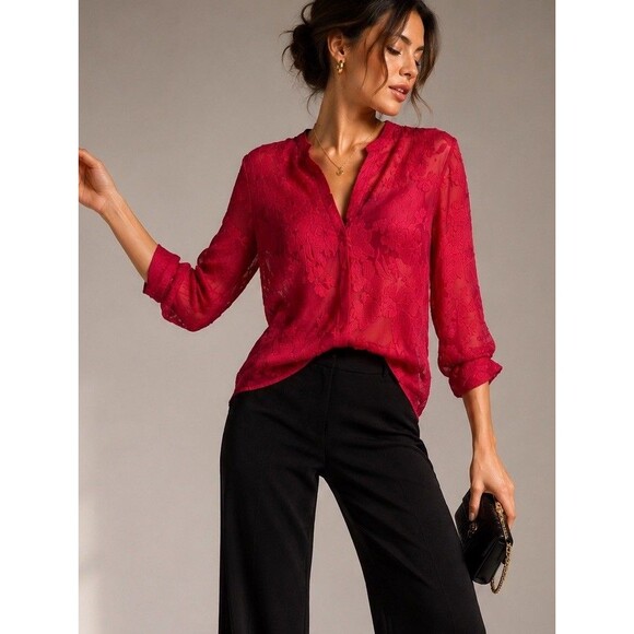 Cynthia Rowley Tops - Cynthia Rowley Sheer Floral Burnout Blouse XS Berry Red Silk Blend Long Sleeve